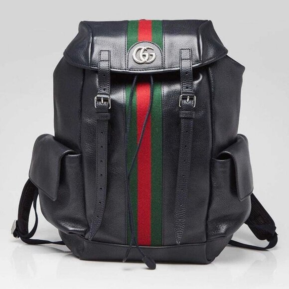 Gucci Navy Blue Leather Ophidia Medium Backpack Bag - Picture 1 of 12